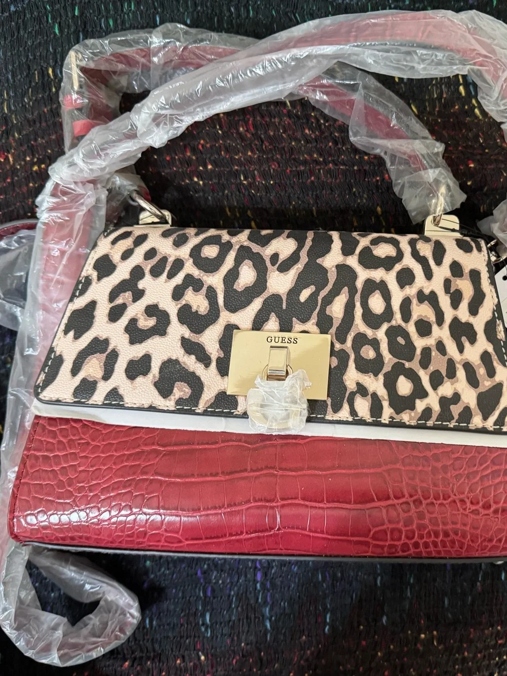 GUESS Red Croco-Embossed Shoulder Bag with Leopard Print Flap